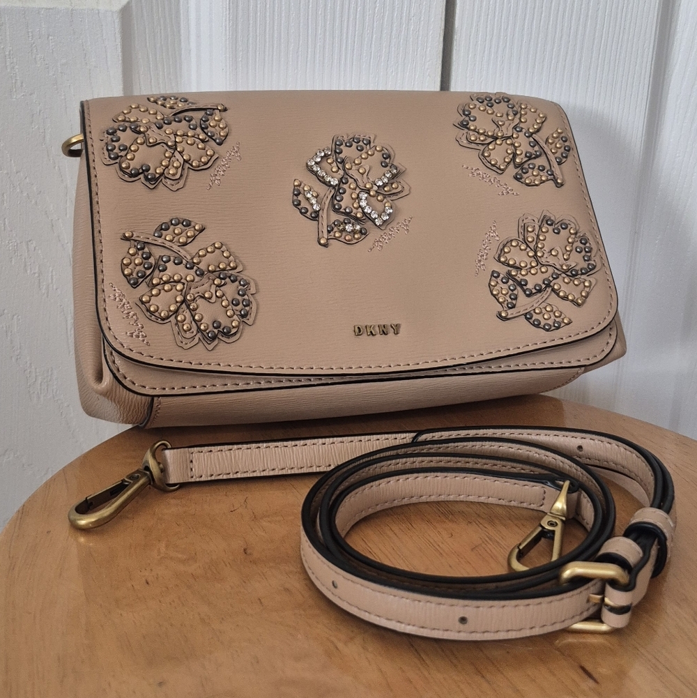 DKNY Beige Embroidered Floral Rhinestone Flap Crossbody Bag In Latte Beige